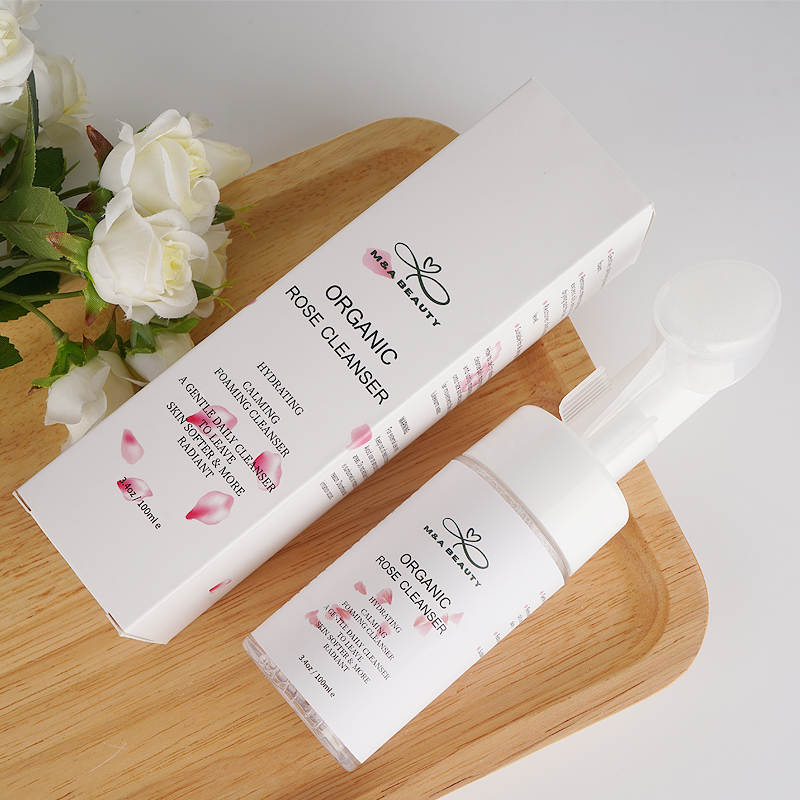 M&A BEAUTY Organic Rose Foam Cleanser- Face Wash and silicone scrub brush attached with Vitamin C