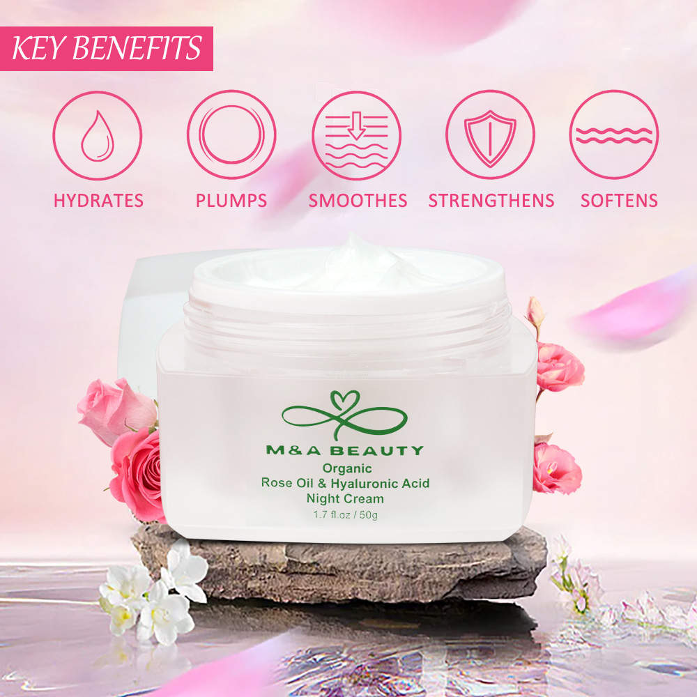 M&A Beauty 3 in 1 Organic Rose Oil Night Cream With Vitamin E and hyaluronic acid 1.7 OZ supper moisturizing