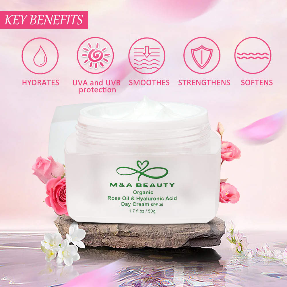 3 in 1 M&A BEAUTY Rose Oil Organic Day Cream With hyaluronic acid and SPF 30