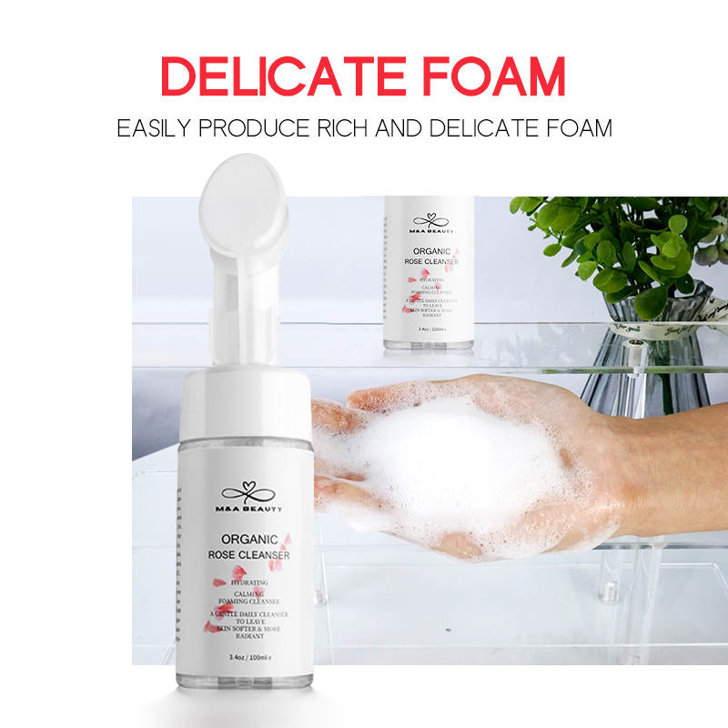 M&A BEAUTY Organic Rose Foam Cleanser- Face Wash and silicone scrub brush attached with Vitamin C