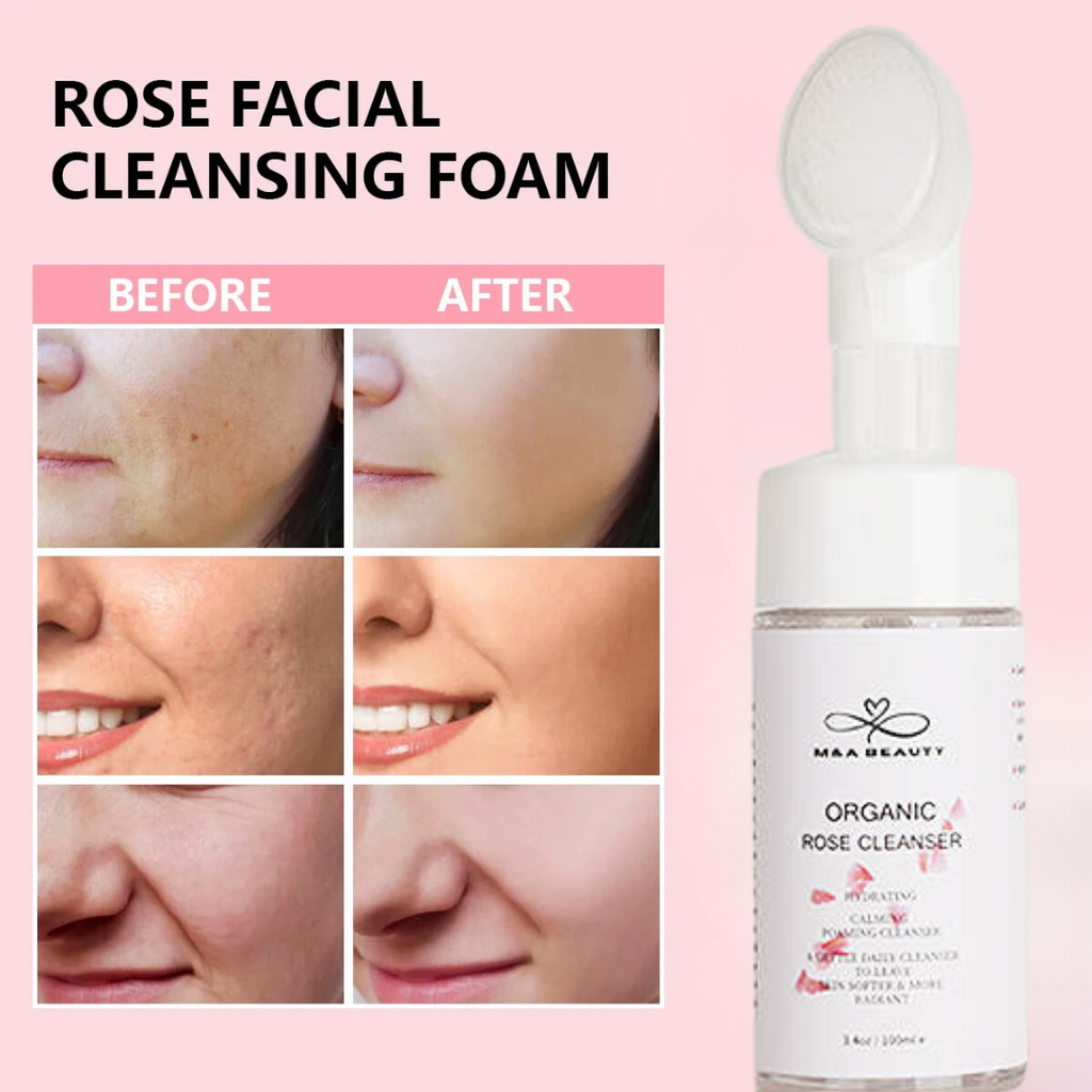 M&A BEAUTY Organic Rose Foam Cleanser- Face Wash and silicone scrub brush attached with Vitamin C
