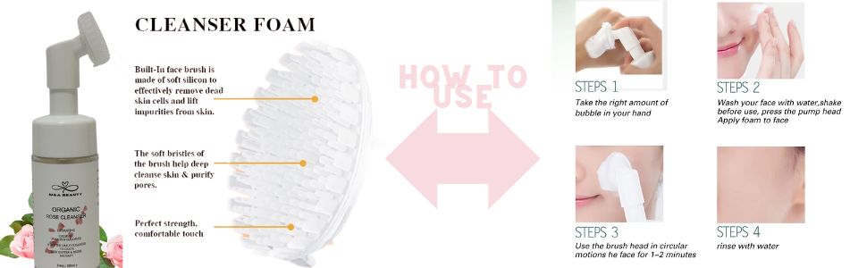 M&A BEAUTY Organic Rose Foam Cleanser- Face Wash and silicone scrub brush attached with Vitamin C