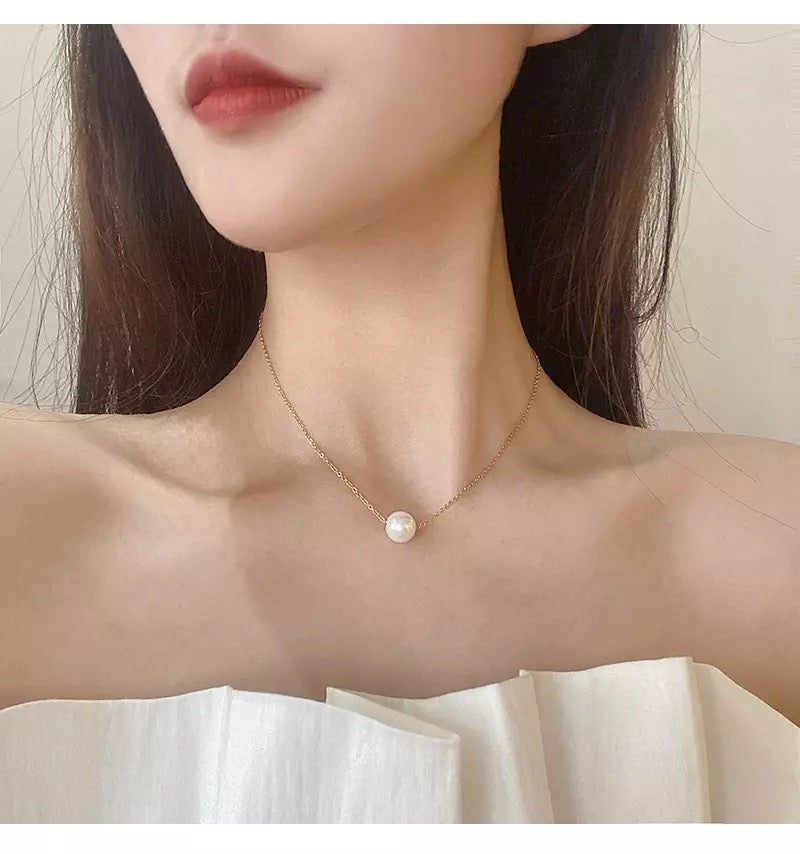 M&A Fashion Pearl Charm Necklace Gold Plating Round Pearl Necklace