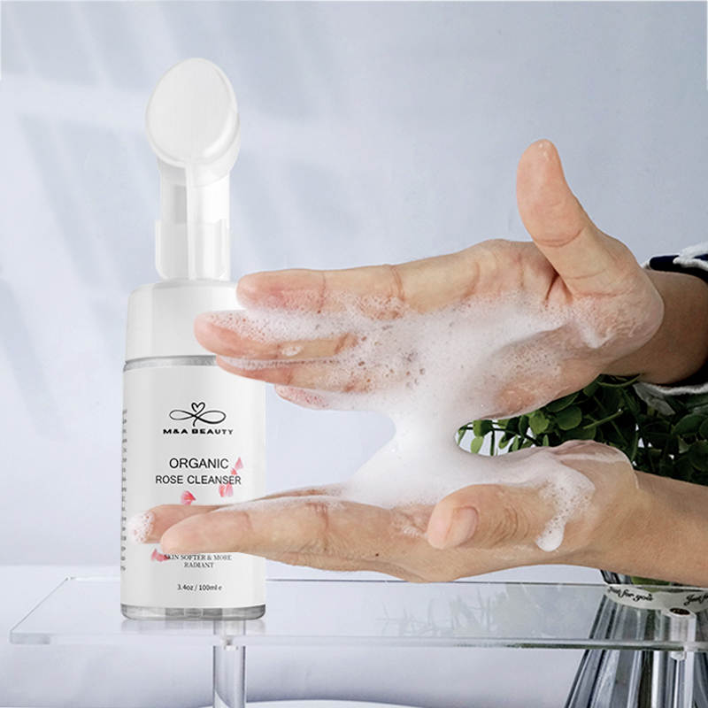 M&A BEAUTY Organic Rose Foam Cleanser- Face Wash and silicone scrub brush attached with Vitamin C