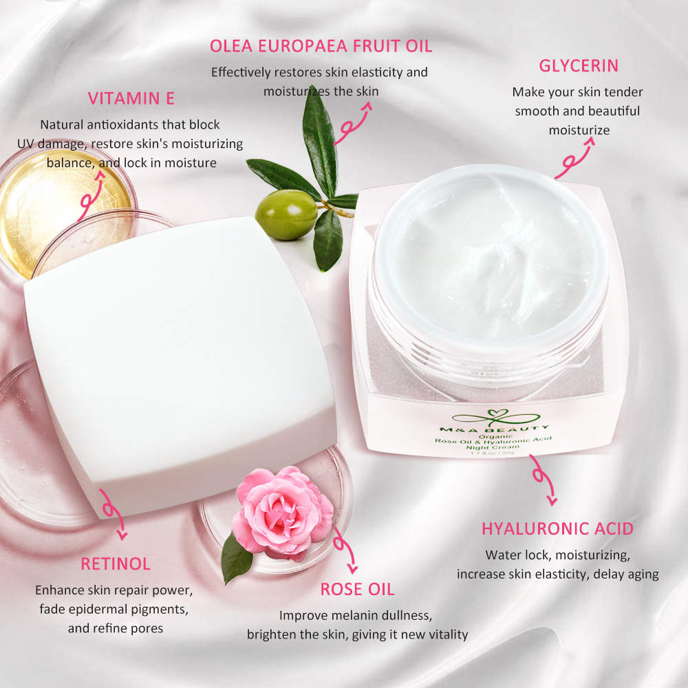M&A Beauty 3 in 1 Organic Rose Oil Night Cream With Vitamin E and hyaluronic acid 1.7 OZ supper moisturizing
