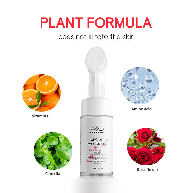 M&A BEAUTY Organic Rose Foam Cleanser- Face Wash and silicone scrub brush attached with Vitamin C
