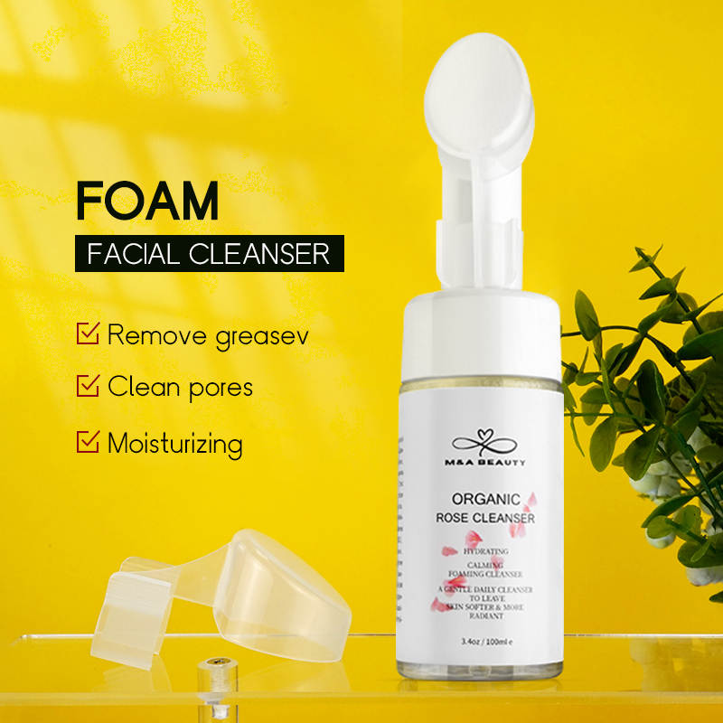 M&A BEAUTY Organic Rose Foam Cleanser- Face Wash and silicone scrub brush attached with Vitamin C
